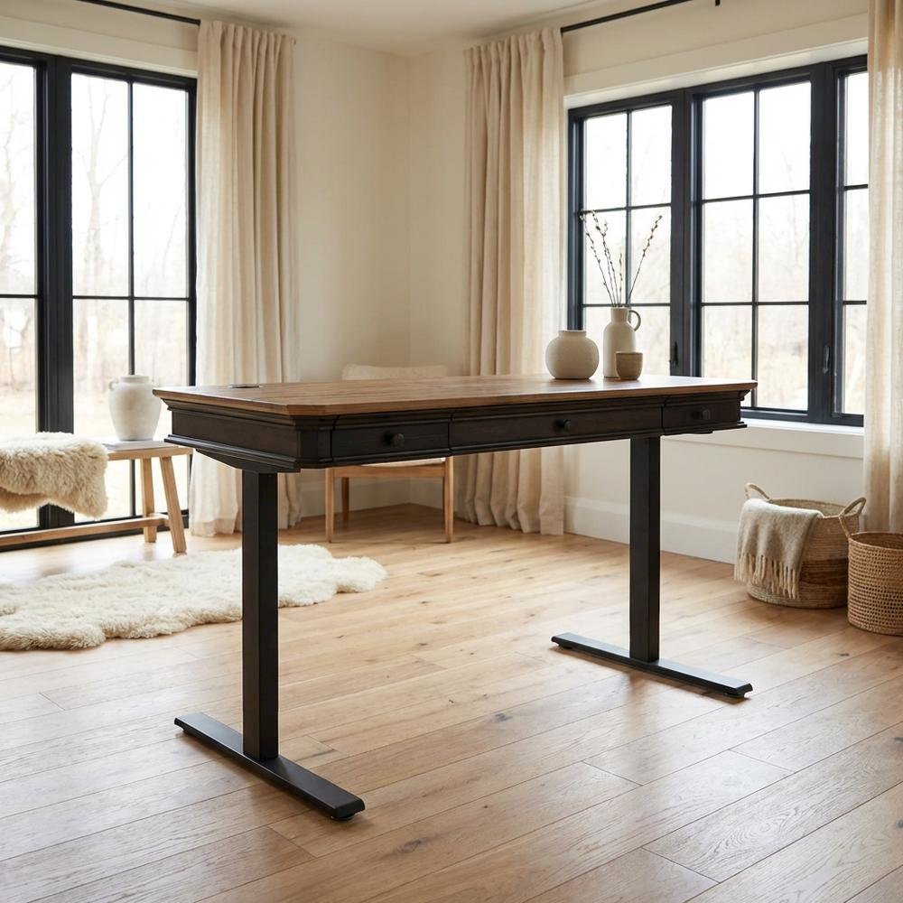 Executive Electric Sit/Stand Desk, Solid Plank Top, 4 Programable Heights, Brown