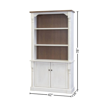Rustic Wood Bookcase With Doors, 3 Adjustable Shelves, Fixed Shelf, White/Cherry