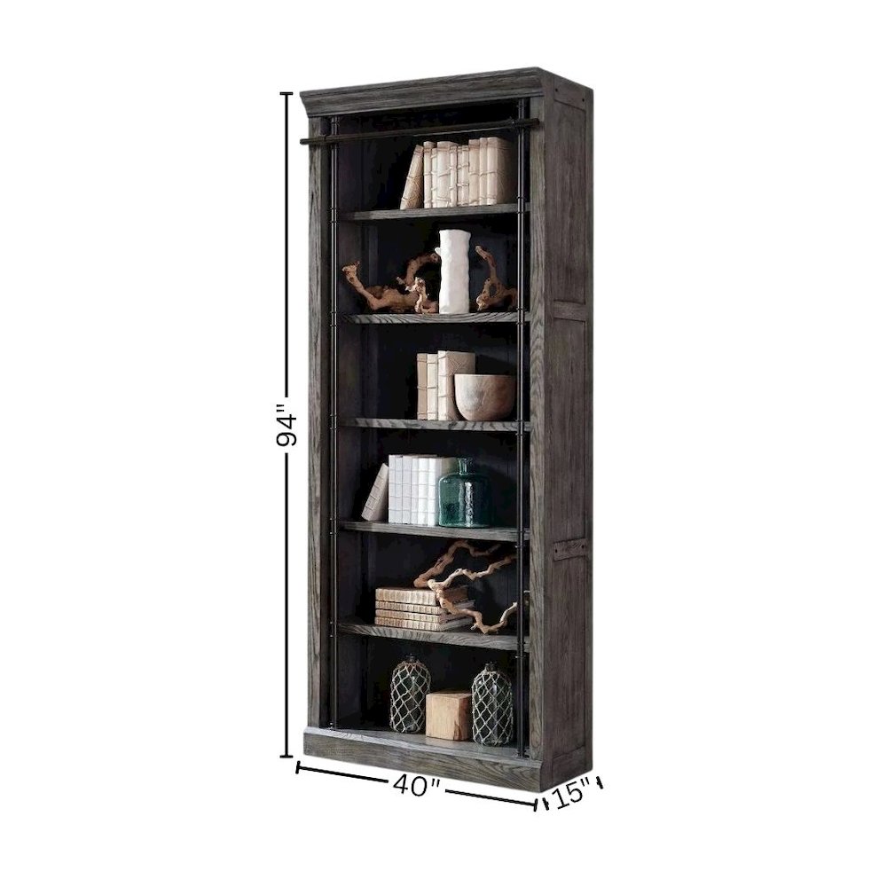 8-Foot Tall Wood Bookcase, 5 Adjustable Shelves, Ringed Steel Frame, Gray Wood