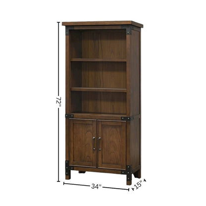 Rustic Bookcase With Doors, 3 Adjustable Shelves, Fixed Shelf, Brown