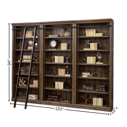 8-Foot Tall 3-Bookcase Wall with Ladder, 5 Adjustable Shelves, Brown