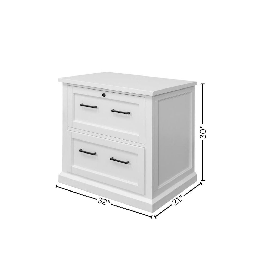 Wood Lateral File Cabinet, 2 Locking File Drawers, White Finish