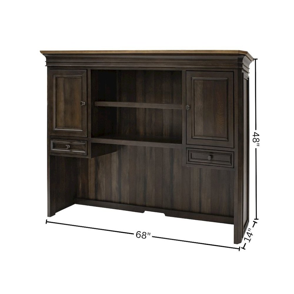 Executive Desk Hutch with Wood Doors, Adjustable Shelves, Brown