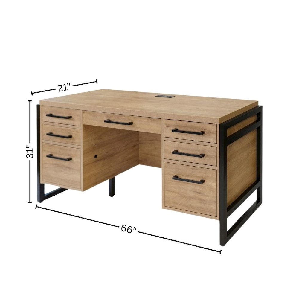 Wood Laminate Office Desk, 7 Drawers, 2 Locking File, Brown