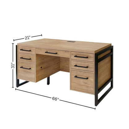 Wood Laminate Office Desk, 7 Drawers, 2 Locking File, Brown