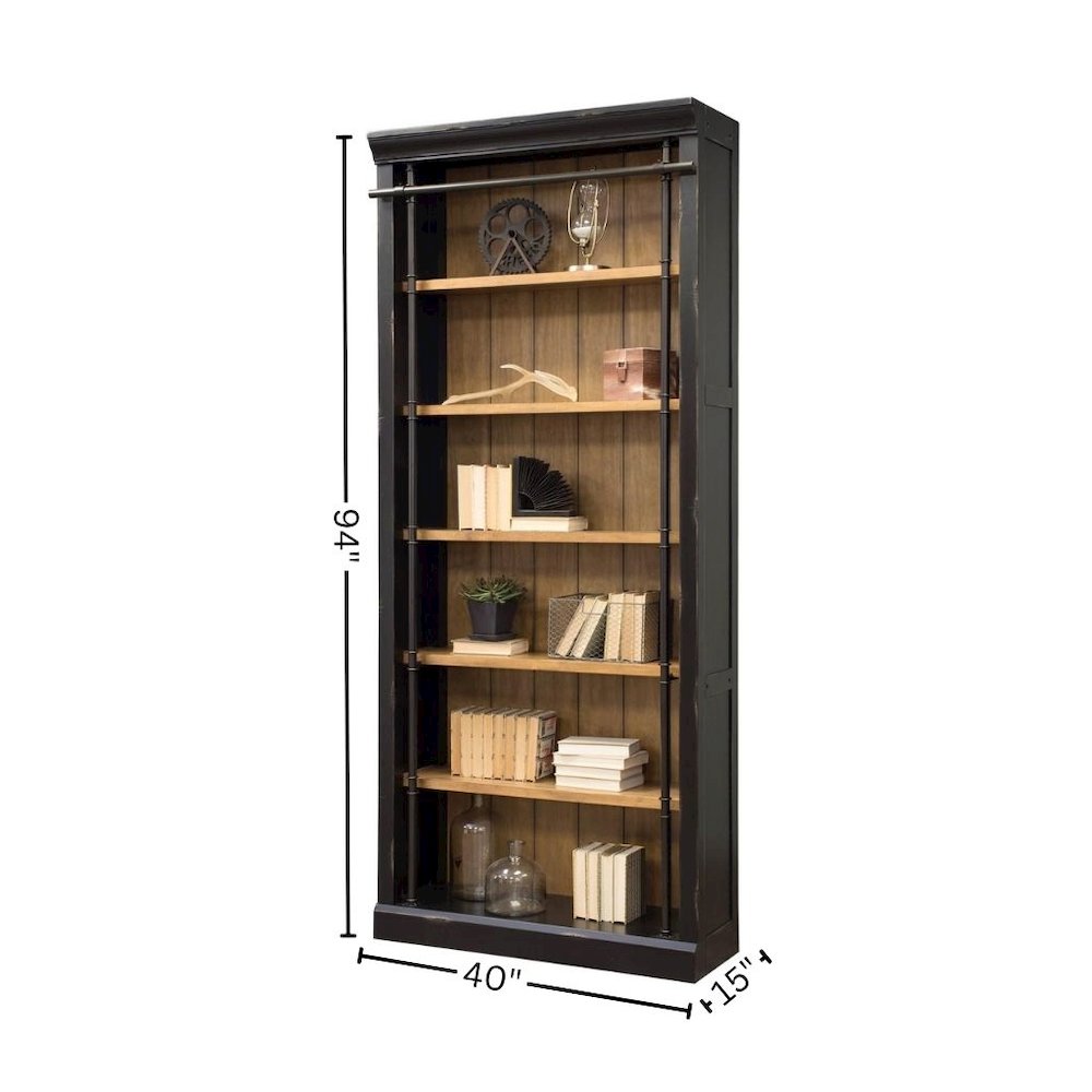 8-Foot Tall Wood Bookcase with 4 Adjustable Shelves, Steel Frame, Black