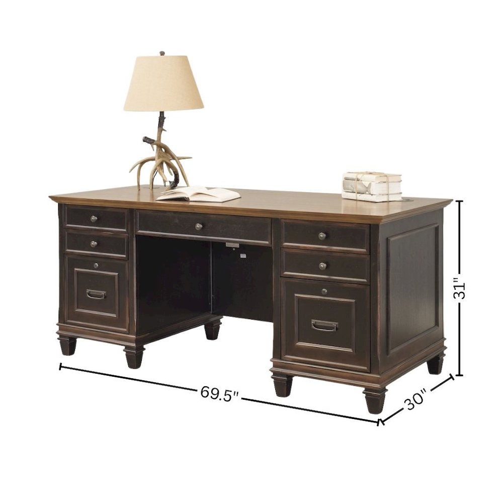 Wood Double Pedestal Desk, 7 Drawers, Locking File, Black