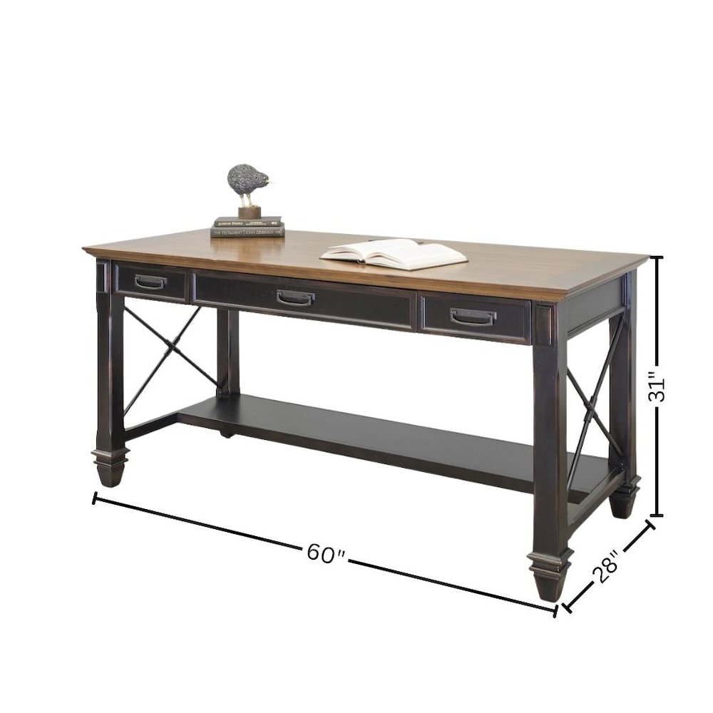Wood Writing Desk, 3 Drawers, Power Center, Finished on All Sides, Brown