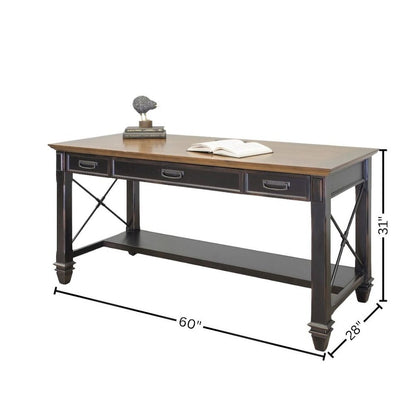 Wood Writing Desk, 3 Drawers, Power Center, Finished on All Sides, Brown