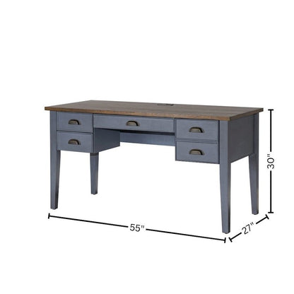 Farmhouse Half Pedestal Executive Desk, 4 Drawers, Power Center, Blue