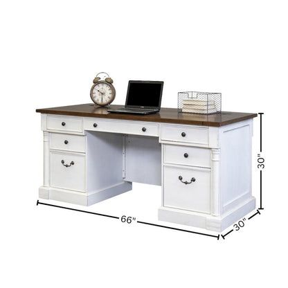 Rustic Wood Double Pedestal Executive Desk, 7 Drawers, White/Cherry