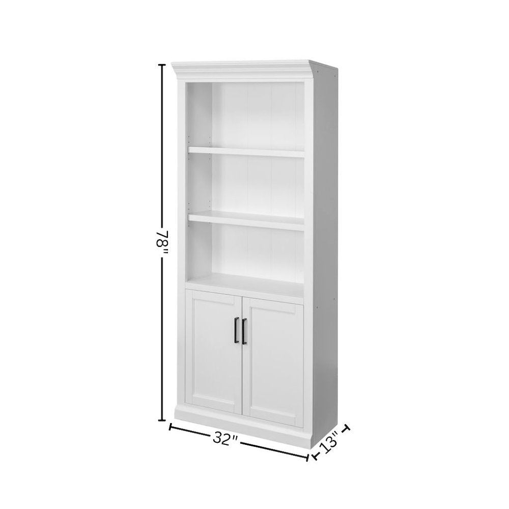 Modern Wood Lower Doors Bookcase, Fully Assembled, 3 Adjustable Shelves, White