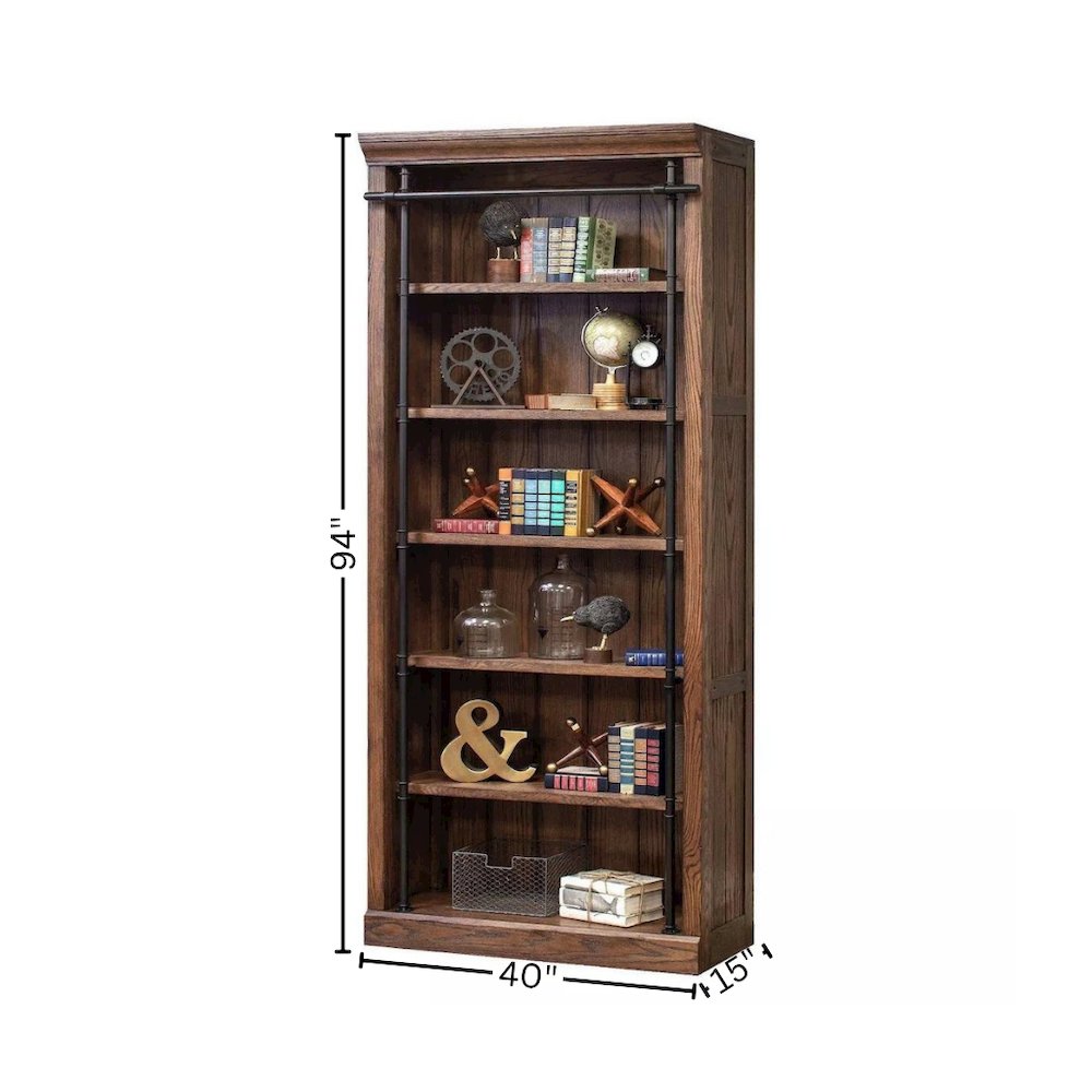 8-Foot Tall Wood Bookcase with 5 Adjustable Shelves, Steel Frame, Brown
