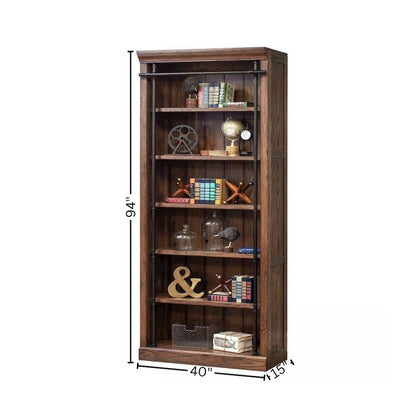 8-Foot Tall Wood Bookcase with 5 Adjustable Shelves, Steel Frame, Brown