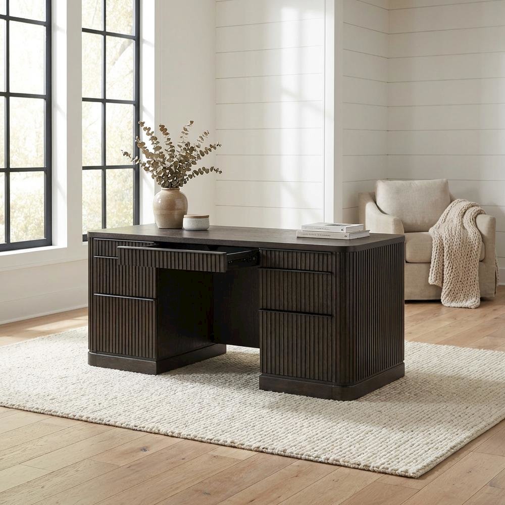 Tulane Double Pedestal Executive Desk, 5 Drawers, Wire Management, Brown