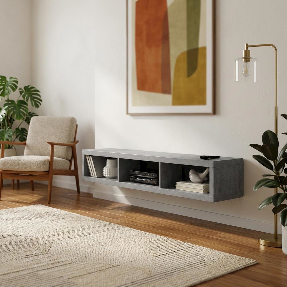 Floating TV Stand Wall Mounted Console, Gray Wood Entertainment Shelf
