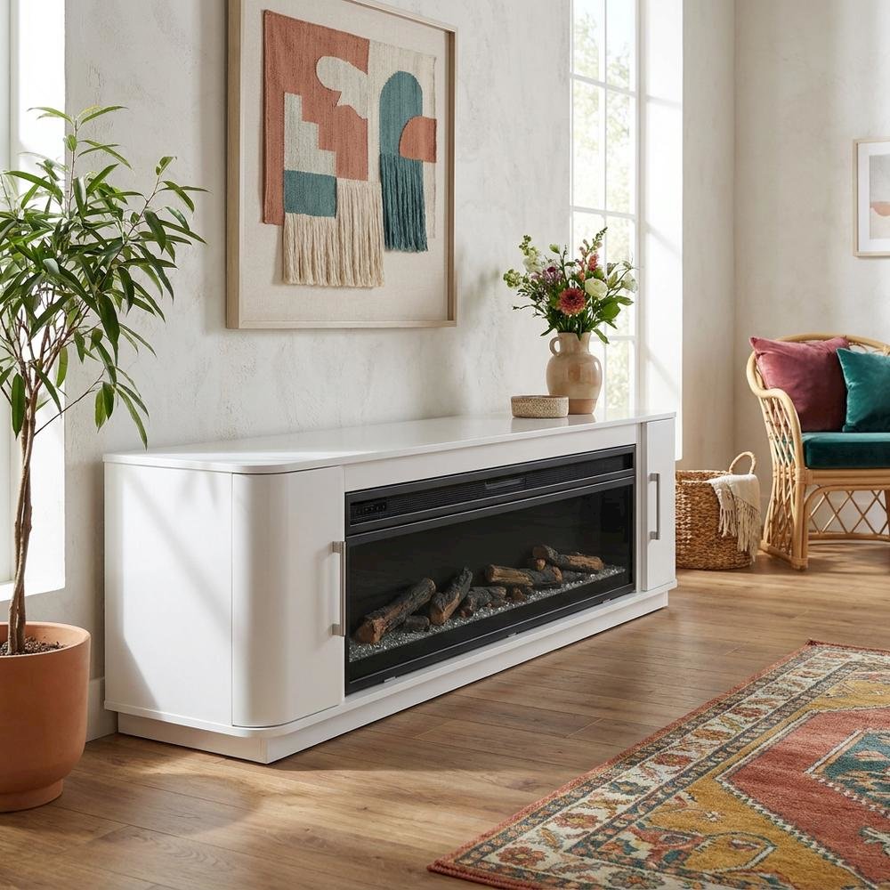 White Wide Fireplace Console, Solid Wood Fully Assembled TV Stand