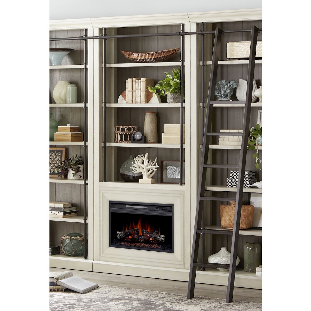 Toulouse Three 8' Tall Bookcase Wall With Fireplace and Ladder, Storage