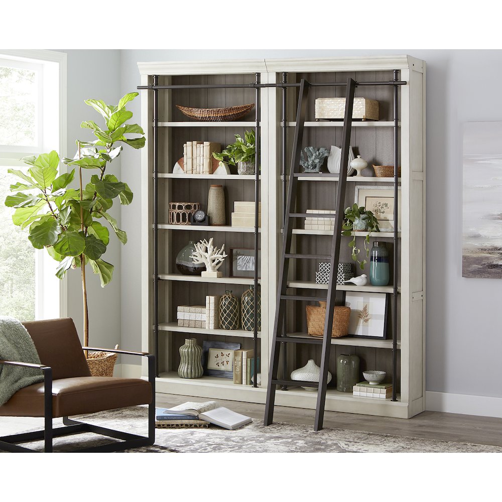 8' Tall Bookcase Wall With Ladder, Storage Organizer, Aged Chateau White