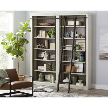 8' Tall Bookcase Wall With Ladder, Storage Organizer, Aged Chateau White