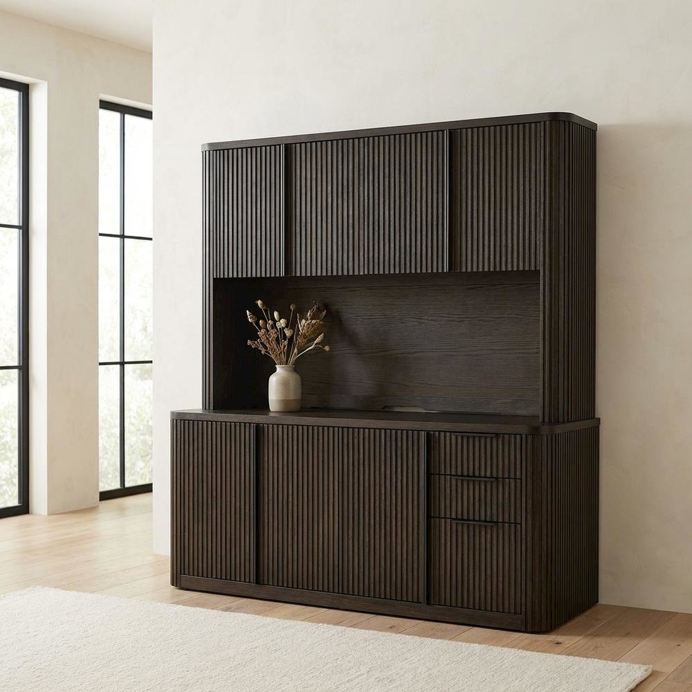 Brown executive hutch with wood doors, fully assembled, spacious storage