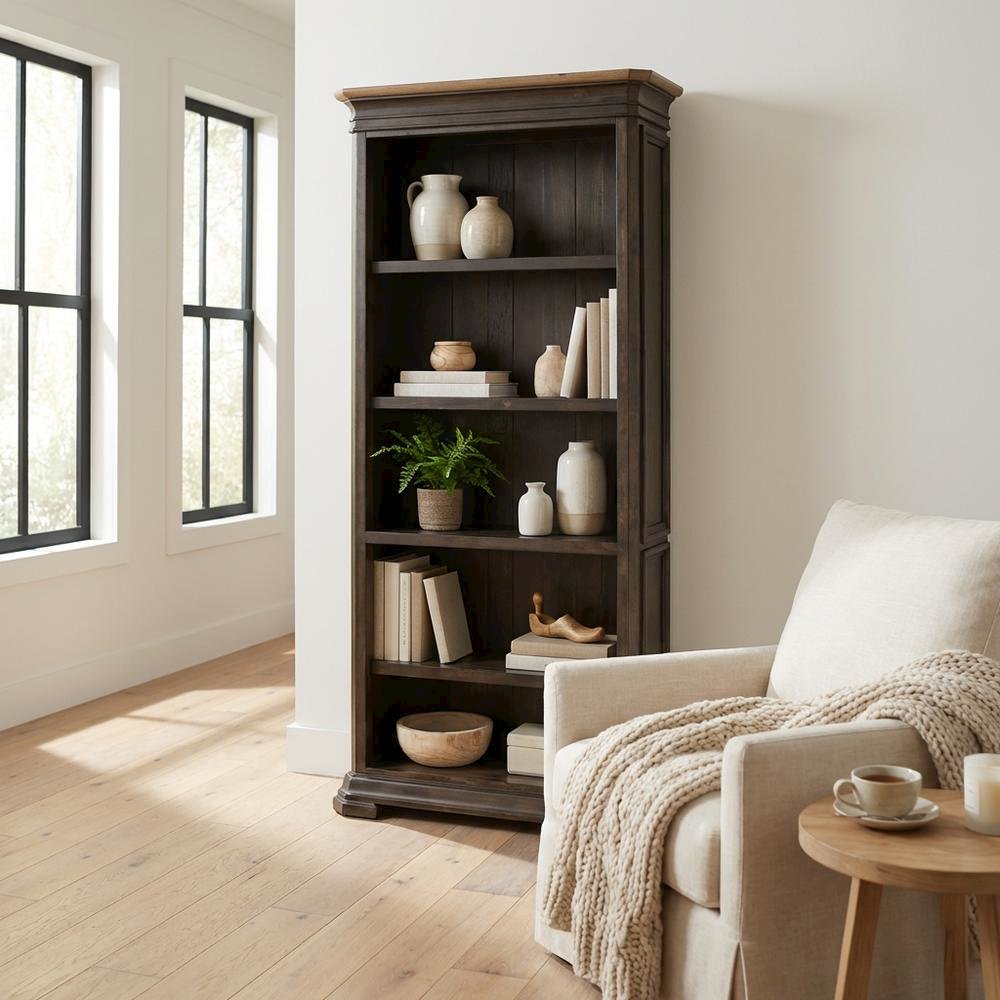 Executive Open Bookcase, 3 Adjustable Shelves, Fixed Shelf, Brown