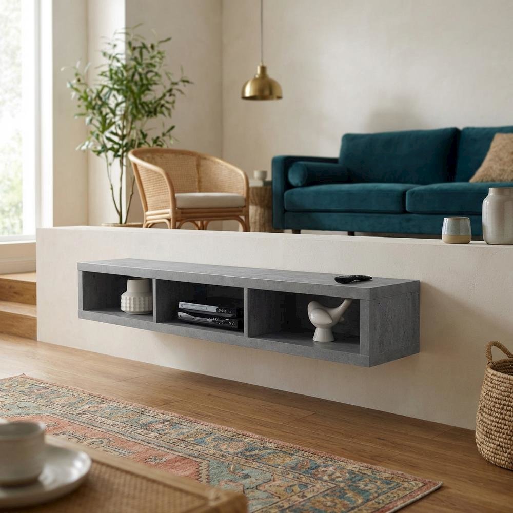 Floating TV Stand Wall Mounted Console, Gray Wood Entertainment Shelf