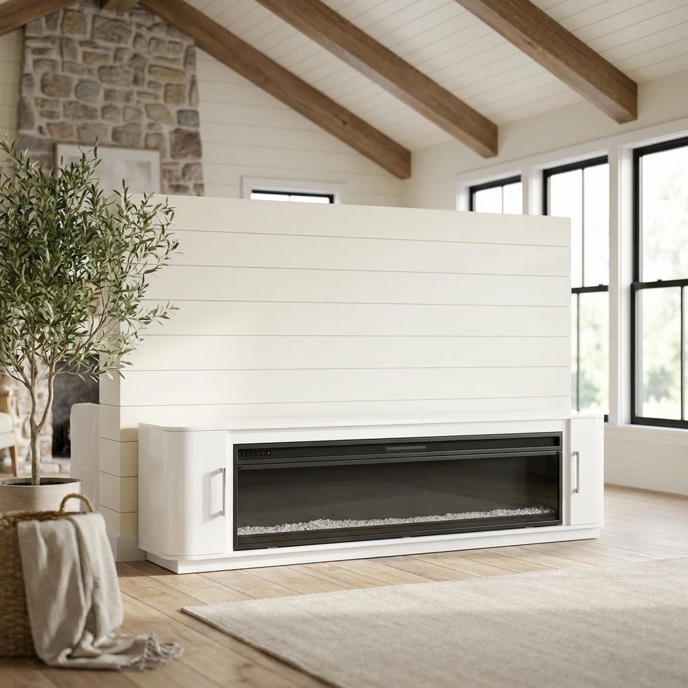 White Wide Fireplace Console, Solid Wood Fully Assembled TV Stand