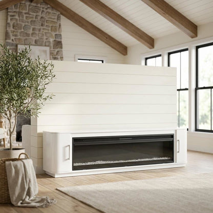 White Wide Fireplace Console, Solid Wood Fully Assembled TV Stand