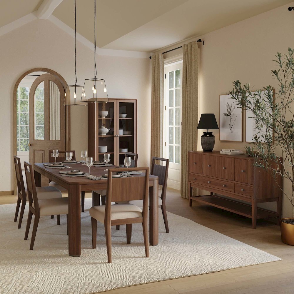 Mid-Century Modern Wood Kitchen Dining Table with Six Chairs, Brown