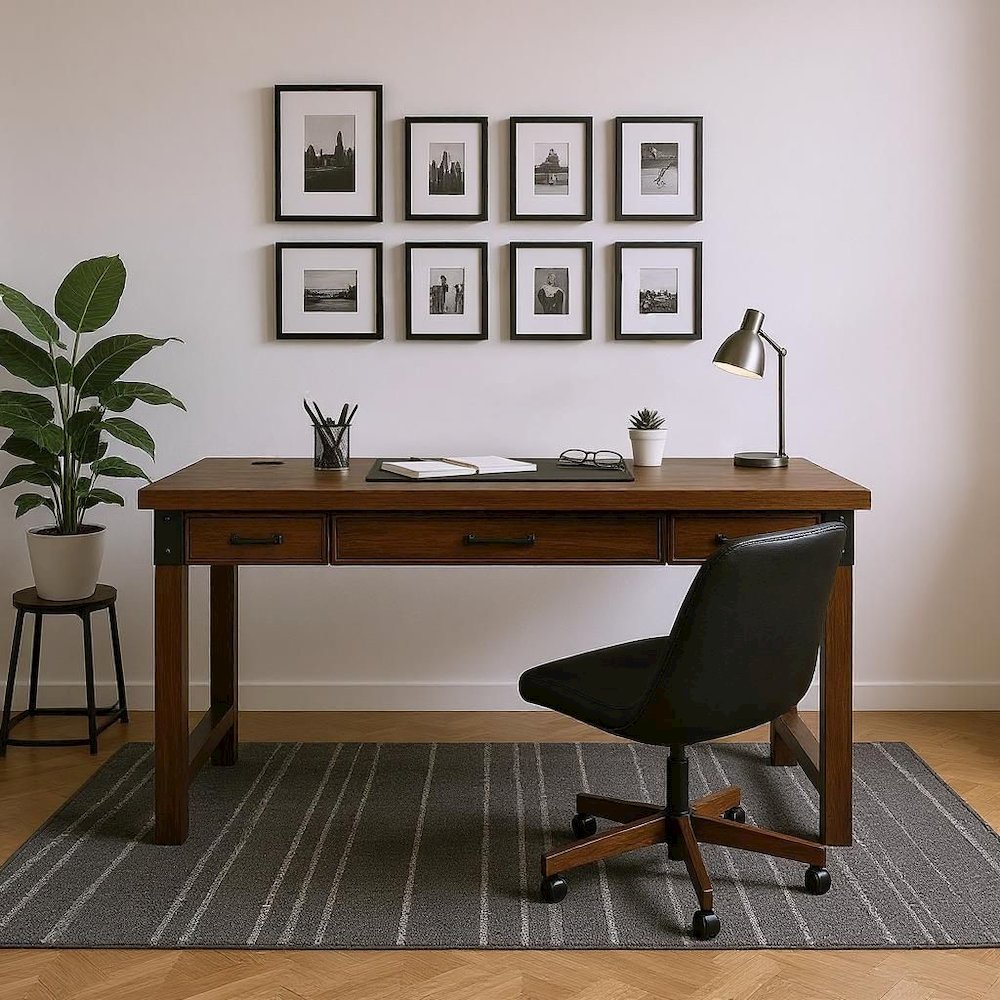Rustic Walnut Color Farmhouse Desk, Long Wooden Table for Office Use