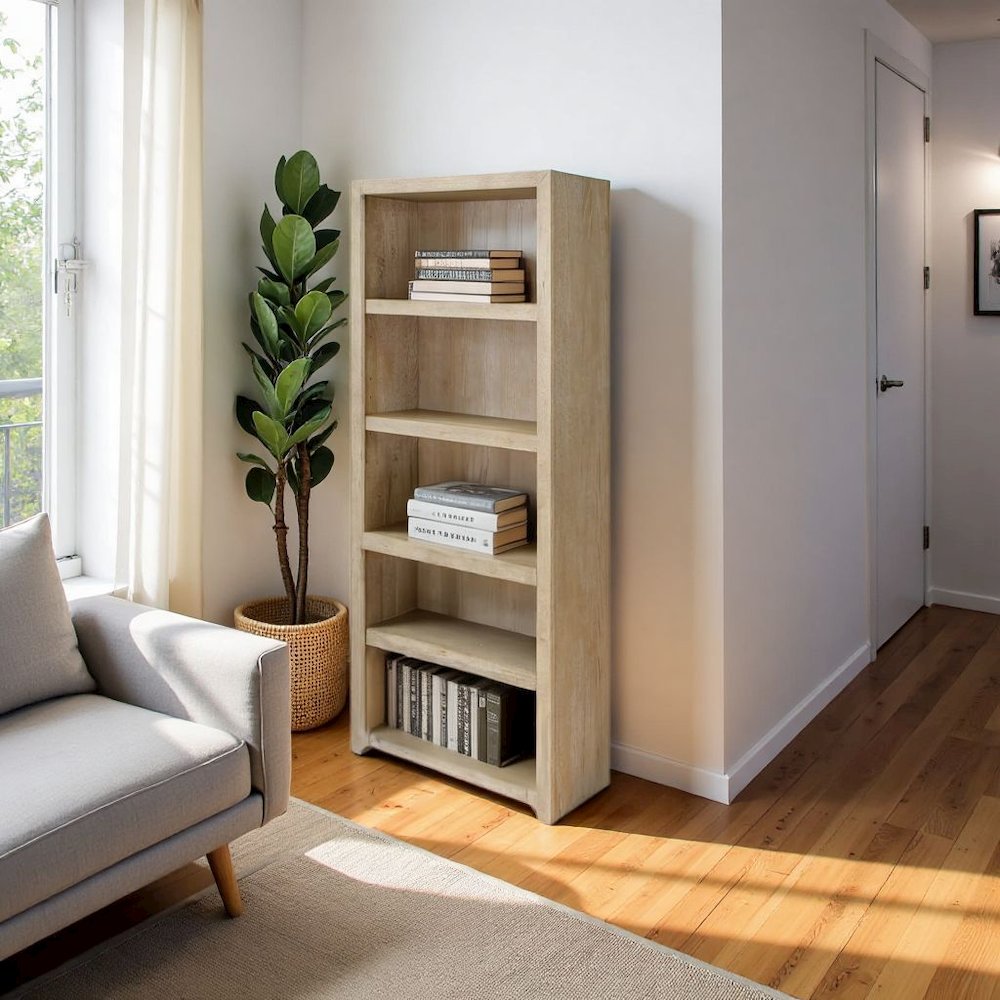 Wooden Bookshelf with 4 Shelves, Tall Bookcase for Living Room Use