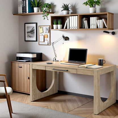 Modern Light Brown Desk – 55 Inch Computer Desk With Long Table Design