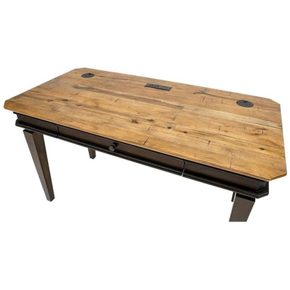 Executive Writing Desk, Power Center, Solid Wood Plank Tops, Brown