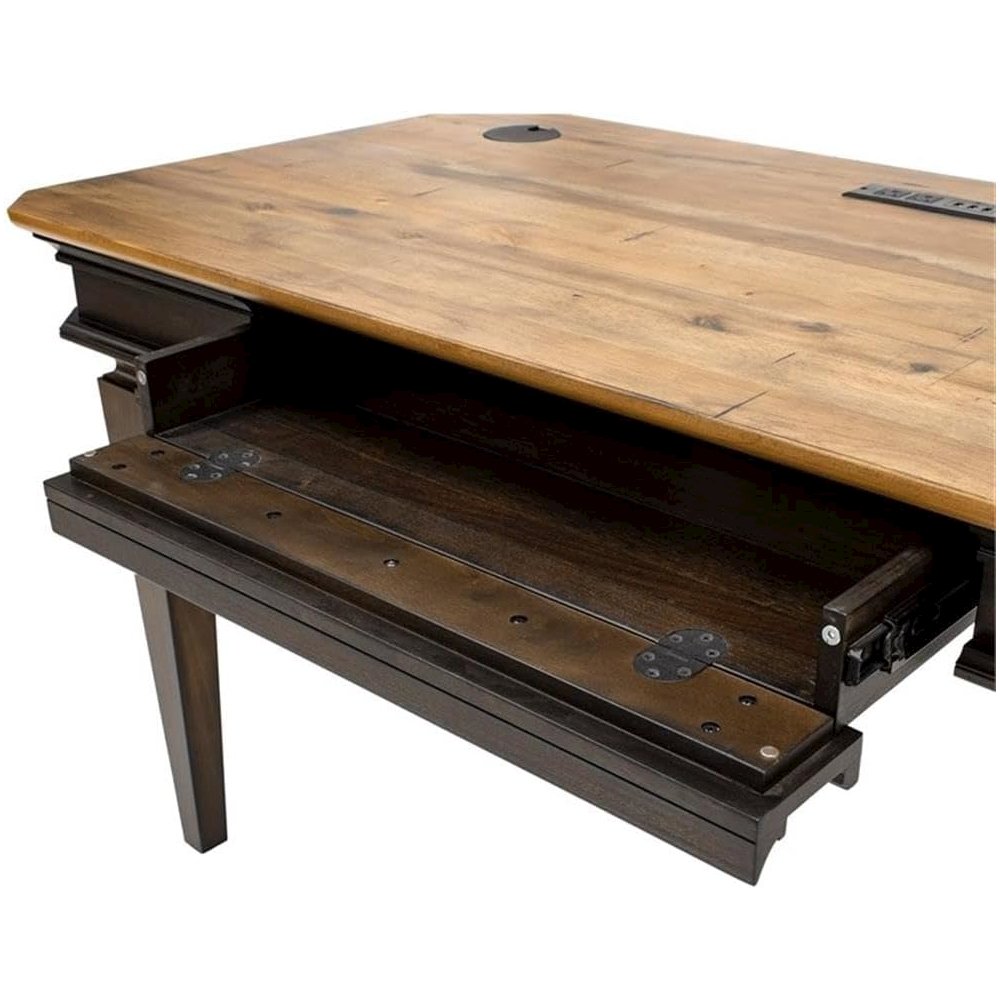 Executive Writing Desk, Power Center, Solid Wood Plank Tops, Brown
