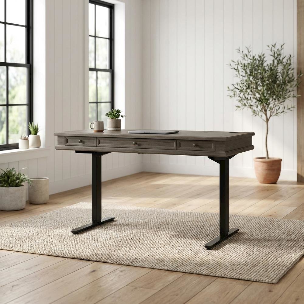 Wood Electronic Standing Desk with Power Center and 3 Drawers, Gray