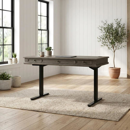 Wood Electronic Standing Desk with Power Center and 3 Drawers, Gray