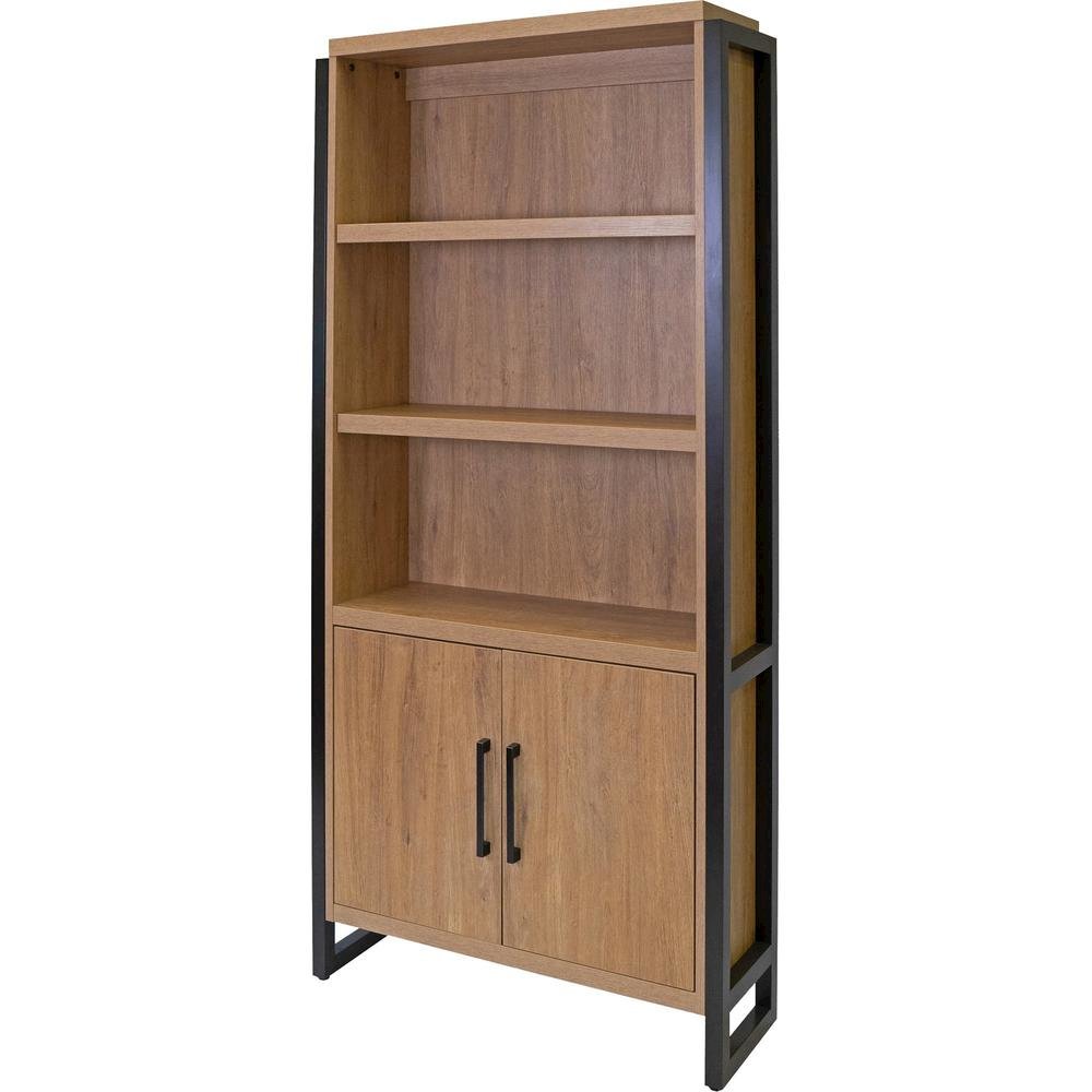 Wood Laminate Bookcase with Doors, 3 Adjustable Shelves, Fixed Shelf