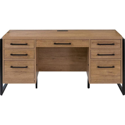 Wood Laminate Office Desk, 7 Drawers, 2 Locking File, Brown