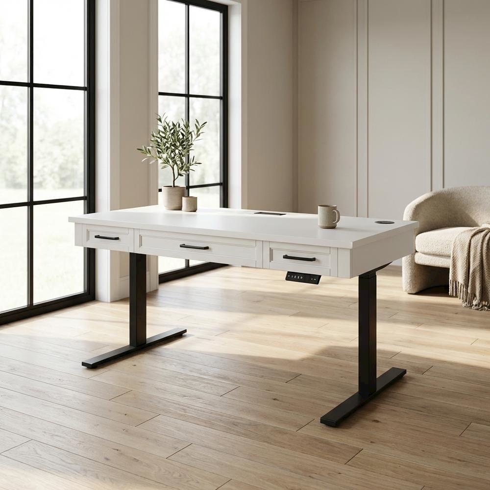 Electric Sit/Stand Desk, Height Adjustable, 3 Drawers, Power Center, White