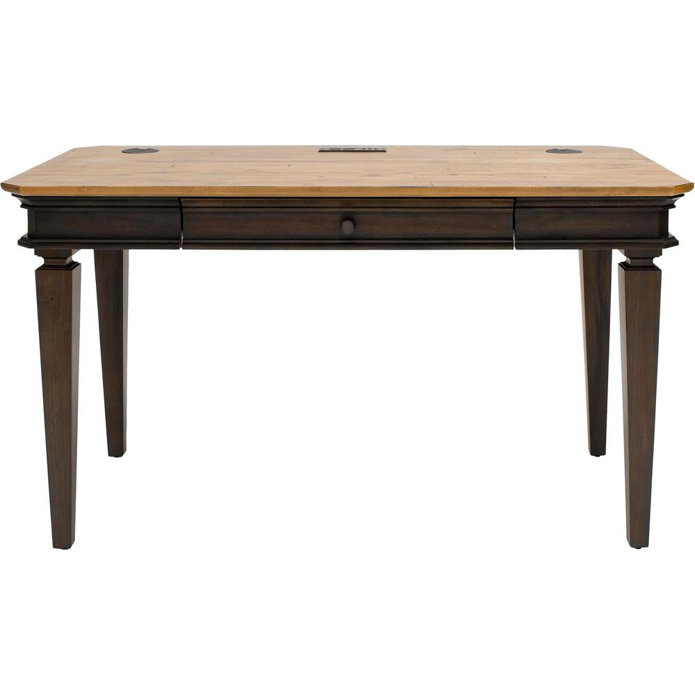 Executive Writing Desk, Power Center, Solid Wood Plank Tops, Brown