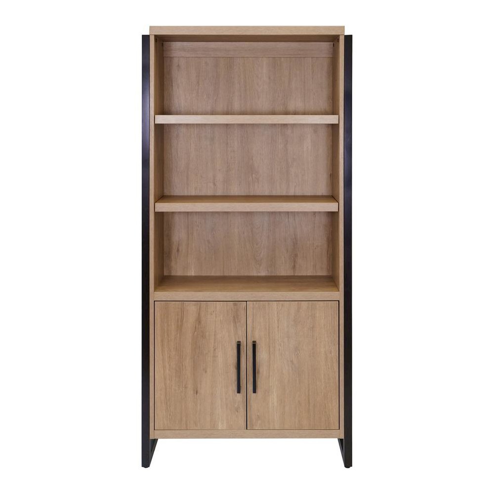 Wood Laminate Bookcase with Doors, 3 Adjustable Shelves, Fixed Shelf