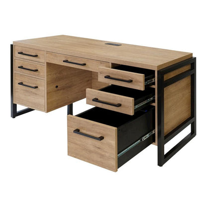 Wood Laminate Office Desk, 7 Drawers, 2 Locking File, Brown