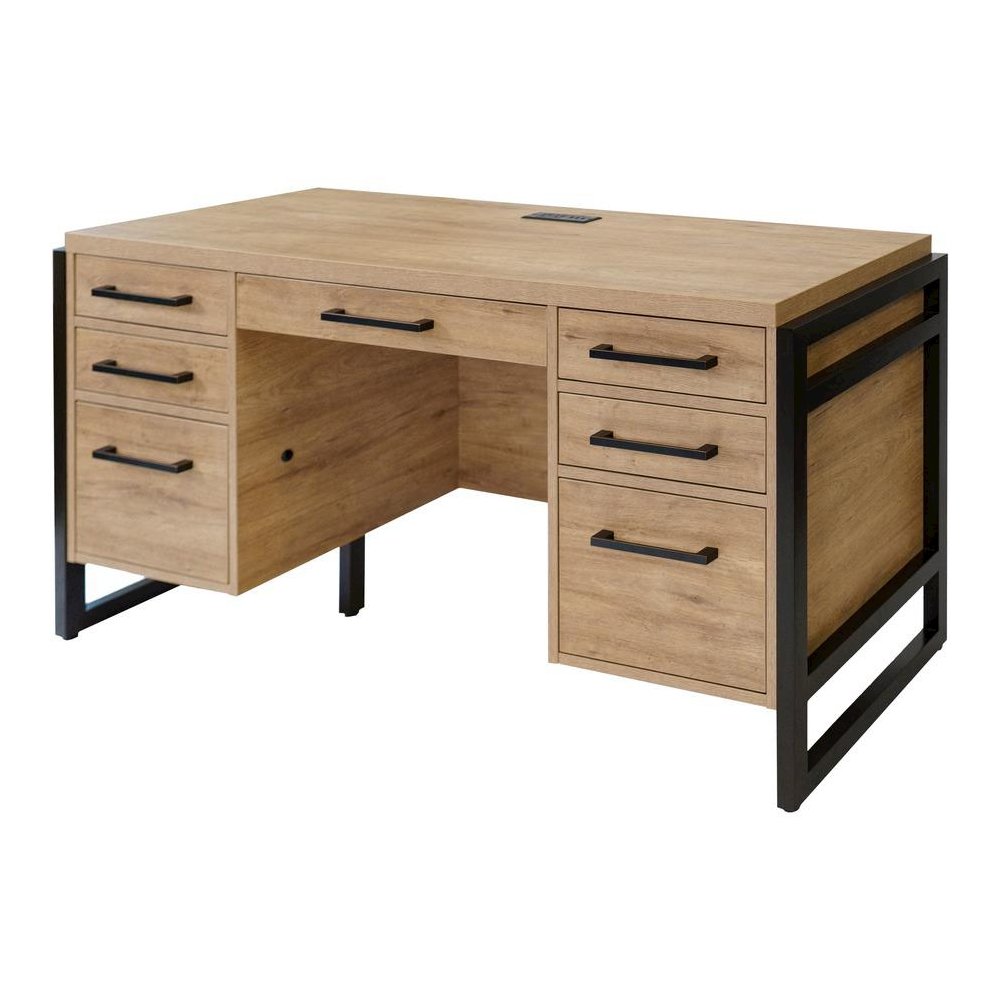 Wood Laminate Office Desk, 7 Drawers, 2 Locking File, Brown