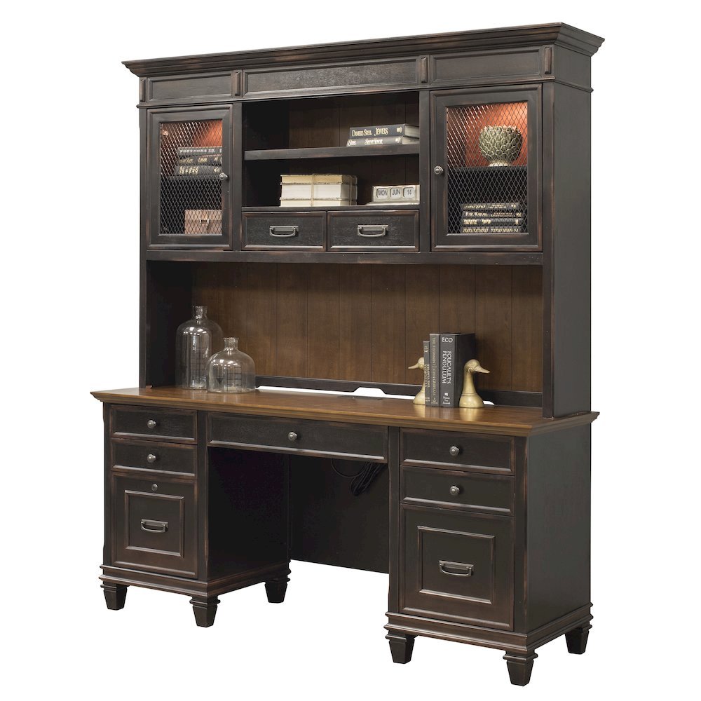 Wood Hutch, Wire Mesh Doors, 2 Utility Drawers, Black