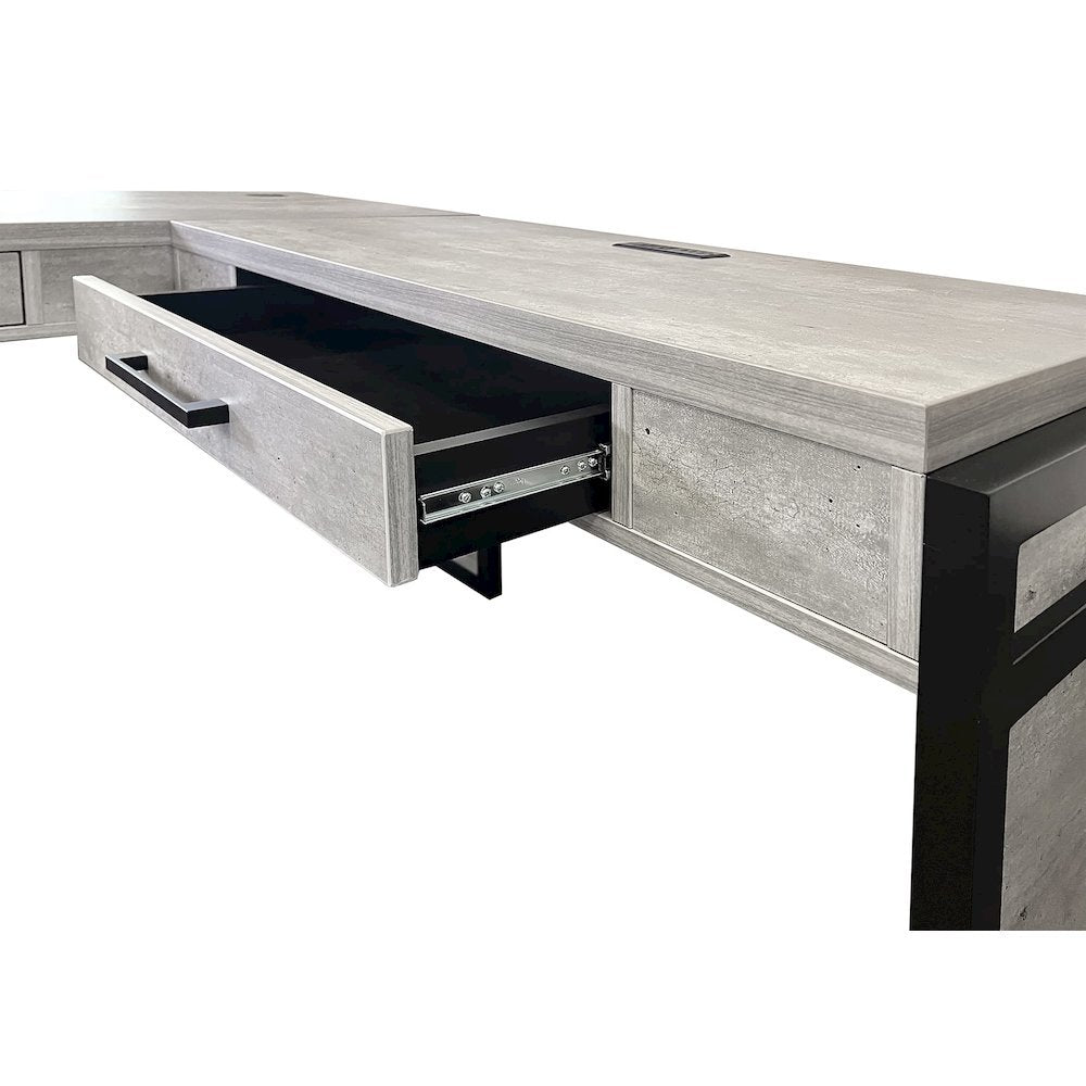 Open L-Desk & Return, Pencil Drawers, Power Center, Gray