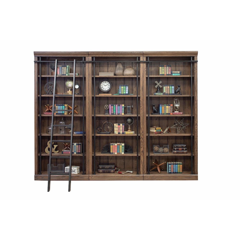8-Foot Tall 3-Bookcase Wall with Ladder, 5 Adjustable Shelves, Brown