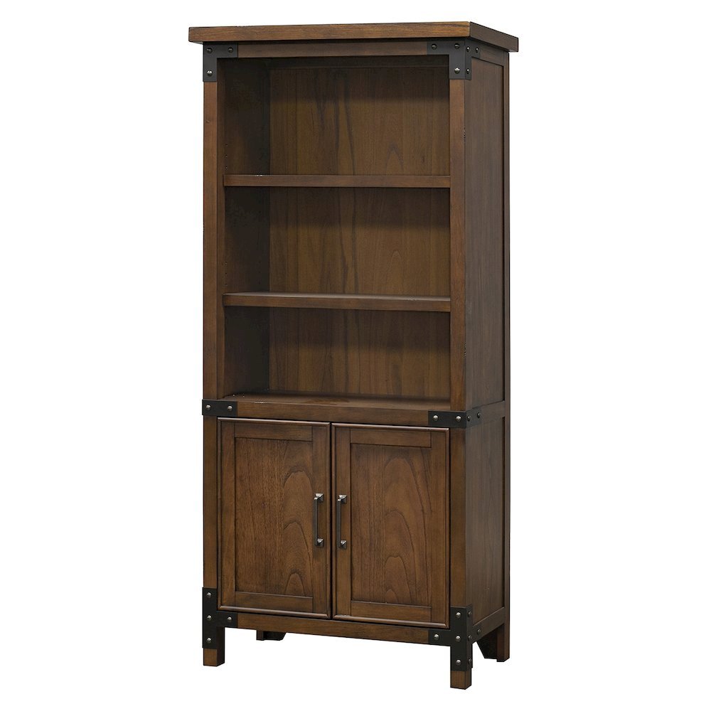Rustic Bookcase With Doors, 3 Adjustable Shelves, Fixed Shelf, Brown