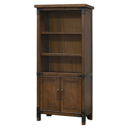 Rustic Bookcase With Doors, 3 Adjustable Shelves, Fixed Shelf, Brown