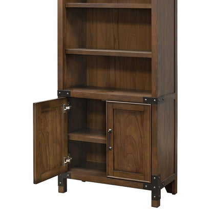 Rustic Bookcase With Doors, 3 Adjustable Shelves, Fixed Shelf, Brown